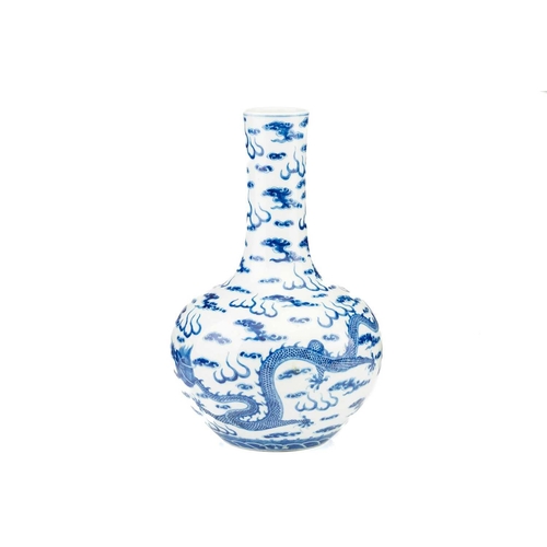 154 - A Chinese blue & white dragon vase, Tianqiuping, painted with two opposing dragons facing a flaming ... 