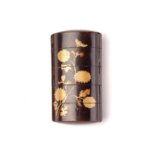 157 - A Japanese four-case lacquer inro, Meiji period, late 19th century, with simulated oxidized iron fin... 