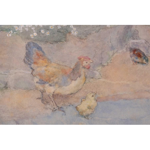 16 - David Woodlock (1842-1929) British, a woman feeding chickens in a cottage garden, watercolour, signe... 