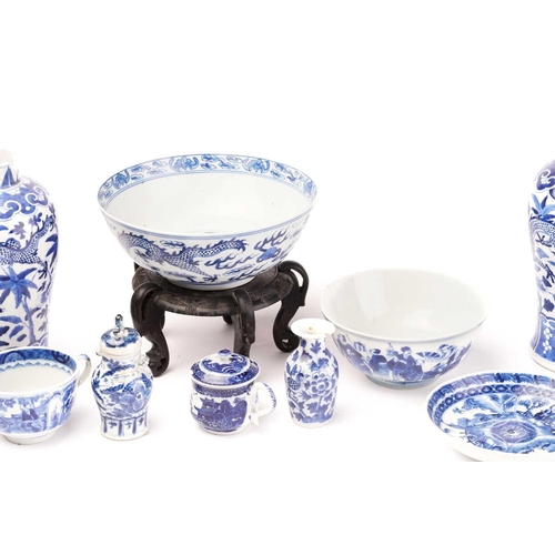 162 - A collection of Chinese blue & white porcelain, Qing, 19th century and later, comprising a dragon bo... 