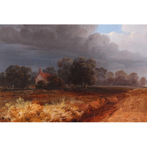 17 - Attributed to John Wallace Tucker (1808 - 1869), Stormy skies over a country lane, unsigned, oil on ... 