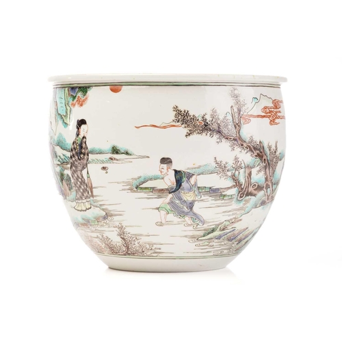 176 - A Chinese porcelain famille rose jardiniere, painted with a scene likely to be The Cowherd & the Wea... 