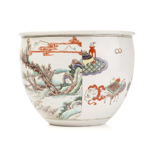 176 - A Chinese porcelain famille rose jardiniere, painted with a scene likely to be The Cowherd & the Wea... 