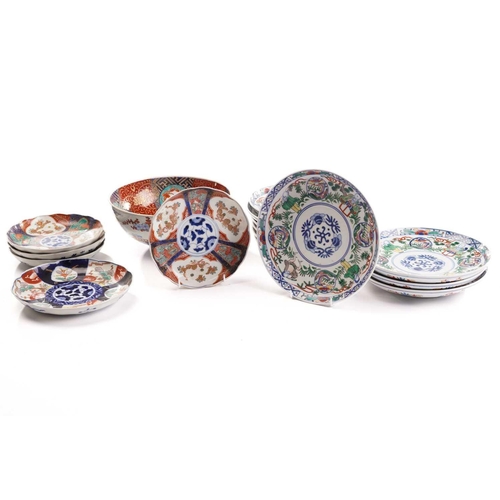 177 - A collection of Japanese Imari pattern porcelain, mostly 19th century, comprising nine boat shape si... 