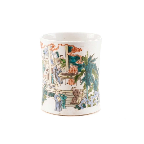 181 - A Chinese porcelain famille verte bitong, of waisted cylindrical form,painted with numerous scholars... 