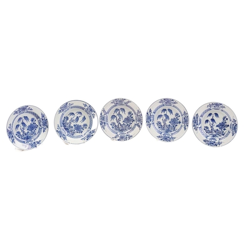 185 - A set of six Chinese export blue & white soup bowls, Qing, 18th century, painted with a pine tree an... 