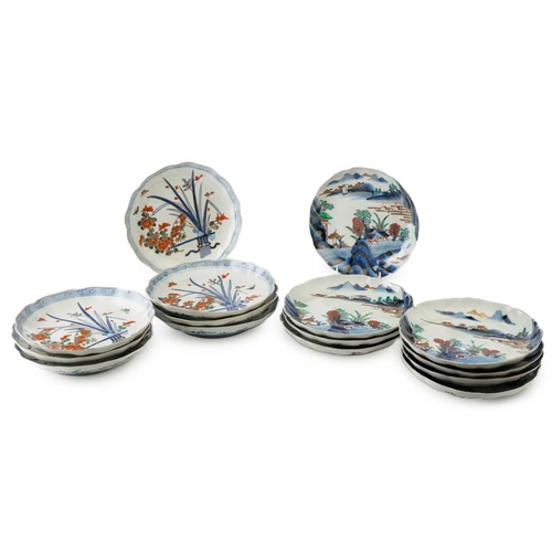 188 - A set of seven Japanese Arita plates, late 19th century, painted with flowers and leaves with butter... 