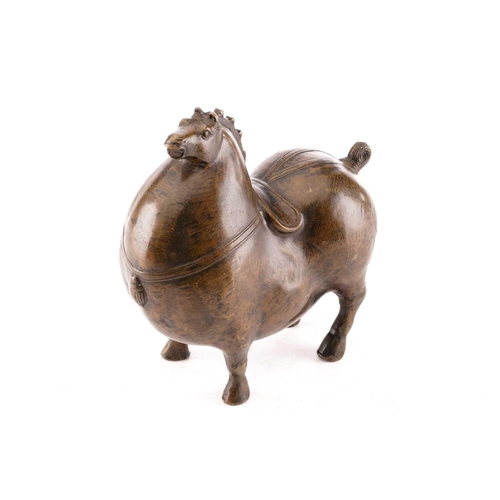 200 - A Chinese tang dynasty style bronze obese horse, with dressed mane and tail, 15.5cm wide, 16.5cm hig... 