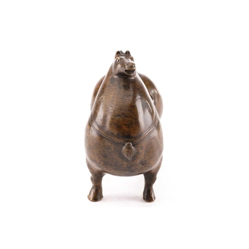 200 - A Chinese tang dynasty style bronze obese horse, with dressed mane and tail, 15.5cm wide, 16.5cm hig... 