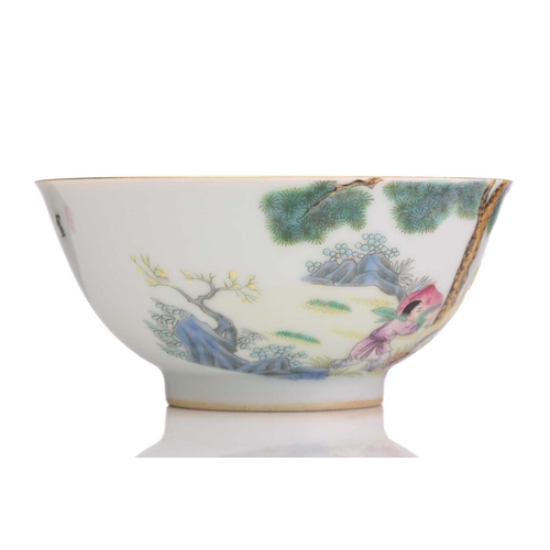 202 - A Chinese porcelain bowl, painted with Shoulao beneath a pine tree with lingzhi, his attendant carry... 