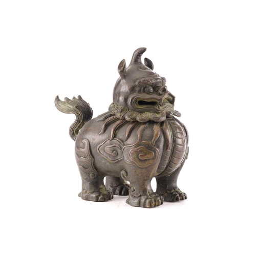 204 - A Chinese bronze censor in the form of a Pixiu, with scrolling mane, the body with relief cast cloud... 