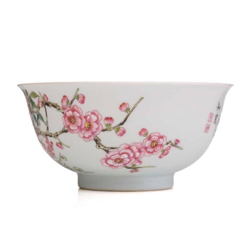 212 - A Chinese porcelain prunus blossom bowl, painted with pink and white flowers on gnarled branches, a ... 