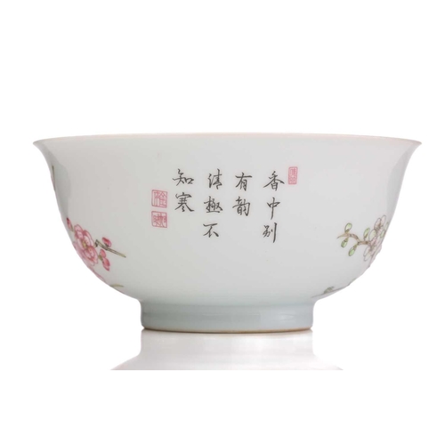 212 - A Chinese porcelain prunus blossom bowl, painted with pink and white flowers on gnarled branches, a ... 