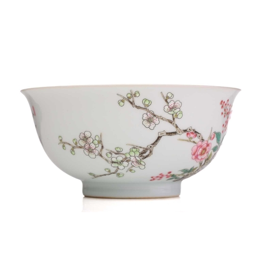 212 - A Chinese porcelain prunus blossom bowl, painted with pink and white flowers on gnarled branches, a ... 