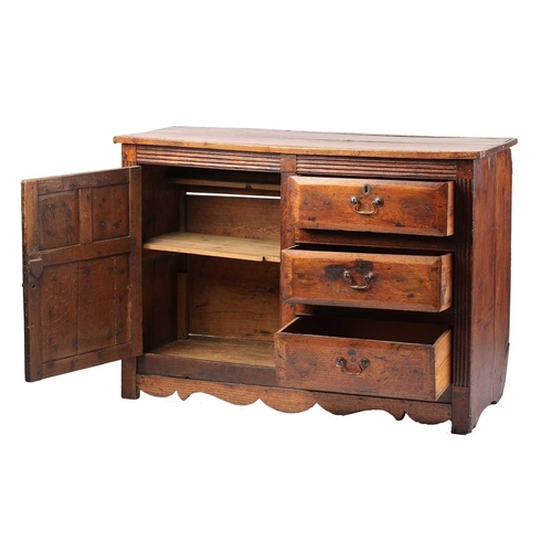 224 - An 18th century and later oak and elm dresser with a planked top above a bank of three short drawers... 