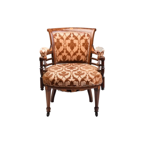 225 - An Edwardian inlaid mahogany scroll-back open arm tub chair, supported by square, legs with swivel c... 