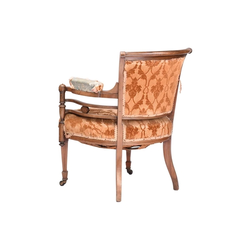 225 - An Edwardian inlaid mahogany scroll-back open arm tub chair, supported by square, legs with swivel c... 