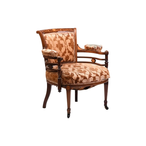 225 - An Edwardian inlaid mahogany scroll-back open arm tub chair, supported by square, legs with swivel c... 