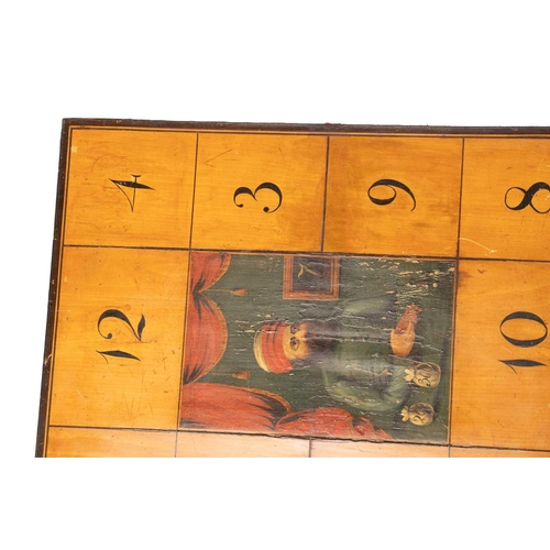 226 - A 19th century inlaid games board, with chess to one side and another board game on the other with p... 