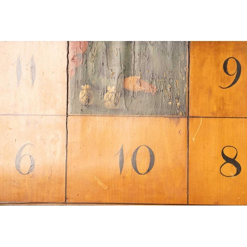 226 - A 19th century inlaid games board, with chess to one side and another board game on the other with p... 