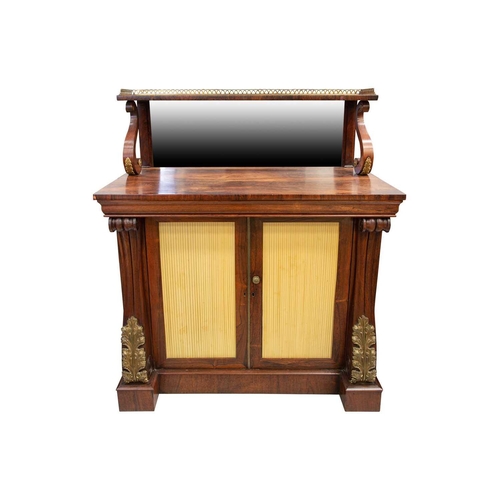 239 - A William IV rosewood chiffonier; the mirror-backed superstructure with a gilt pierced gallery suppo... 