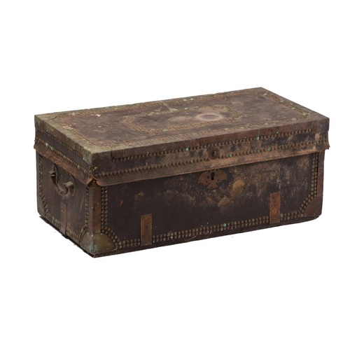 240 - A Chinese export trade leather-covered camphor wood travel trunk with heavy-duty bale handles a clos... 