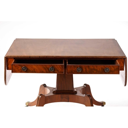 253 - Early 19th century mahogany sofa table, the reeded edge top over two frieze drawers, on a concave ta... 