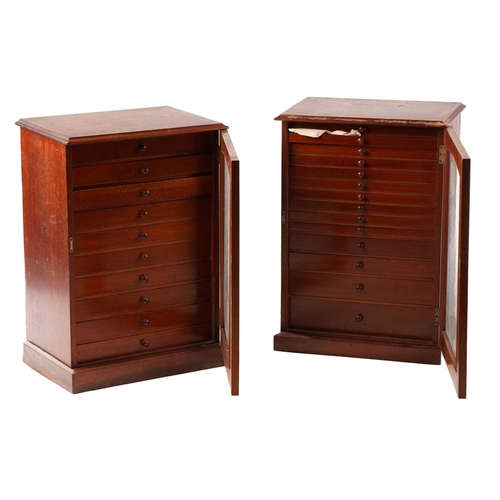 281 - A pair of early 20th-century mahogany collectors cabinets each with an arched glazed panel door encl... 