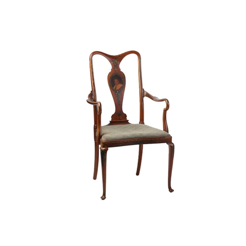 293 - An Edwardian satinwood effect open armchair painted with Neo-Classical motifs and the shaped splat w... 