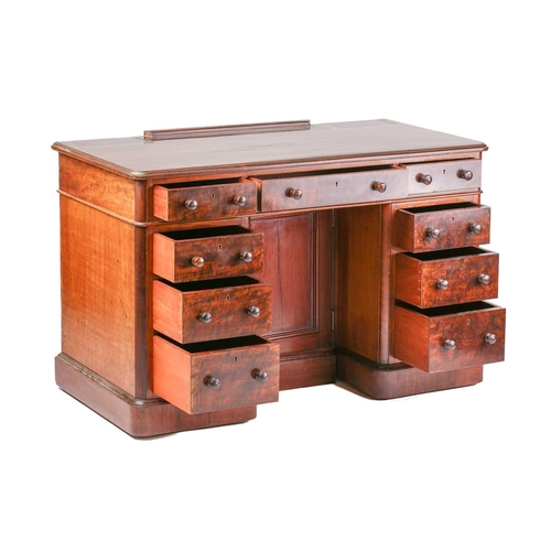 302 - A late Victorian mahogany kneehole pedestal writing desk, the figured top above three frieze drawers... 