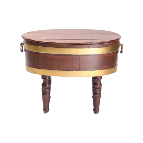 313 - A George III and later coopered oval wine cooler, now with a hinged cover, fitted with brass bands a... 