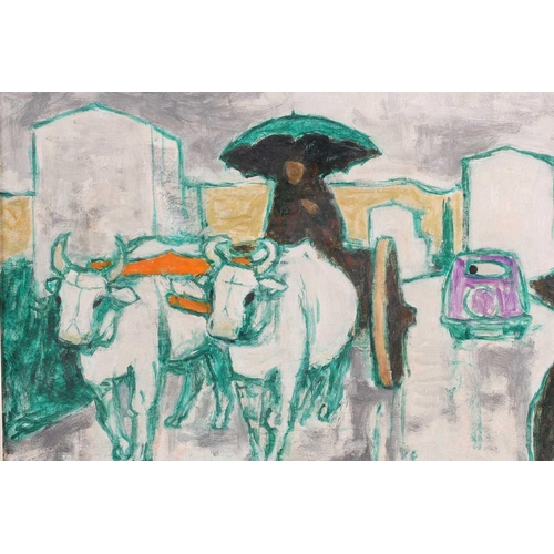 32 - † Julian Trevelyan (1910-1988), 'Two Oxen and Cart', oil on canvas, signed and dated ’55, 50 cm x 59... 