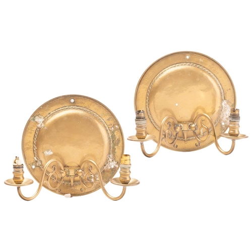 346 - Four early 20th century brass twin branch wall lights, with circular back plates and scroll arms, 31... 