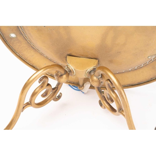 346 - Four early 20th century brass twin branch wall lights, with circular back plates and scroll arms, 31... 