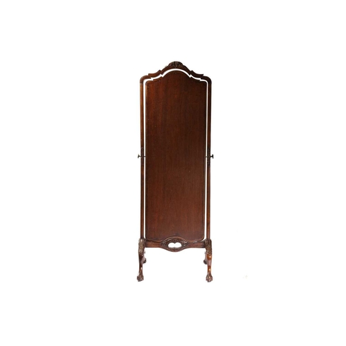 349 - A George III style mahogany cheval dressing mirror, 20th century, With leaf capped arch topped frame... 