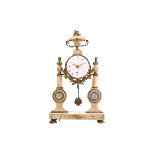 360 - A 19th century French white marble and gilt-metal timepiece clock, with vase finial over an enamelle... 