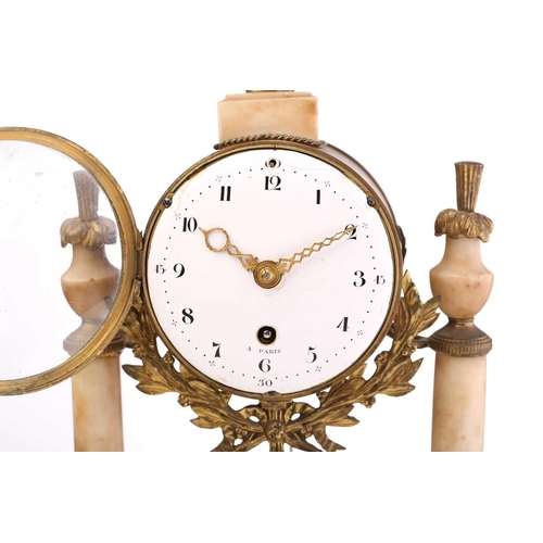 360 - A 19th century French white marble and gilt-metal timepiece clock, with vase finial over an enamelle... 