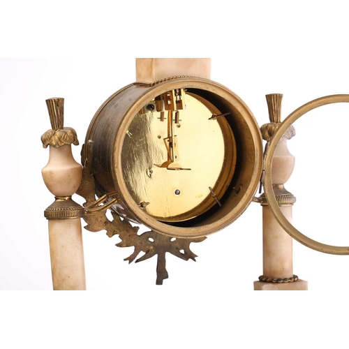 360 - A 19th century French white marble and gilt-metal timepiece clock, with vase finial over an enamelle... 