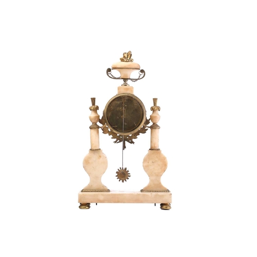 360 - A 19th century French white marble and gilt-metal timepiece clock, with vase finial over an enamelle... 