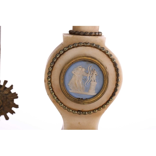 360 - A 19th century French white marble and gilt-metal timepiece clock, with vase finial over an enamelle... 