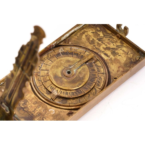 362 - A brass cased astronomical compendium, the leather lined case enclosing a nocturnal to the lid with ... 