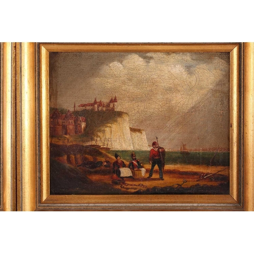 37 - Late 19th century English school, views of Dieppe, with figures on the shore, two oils on canvas, ea... 