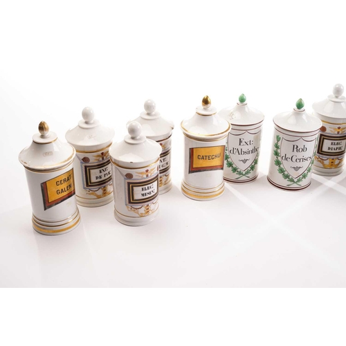 372 - A set of five 19th century French porcelain apothecary jars with gilt and painted panels, 25 cm high... 