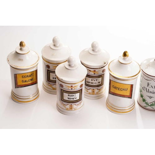 372 - A set of five 19th century French porcelain apothecary jars with gilt and painted panels, 25 cm high... 