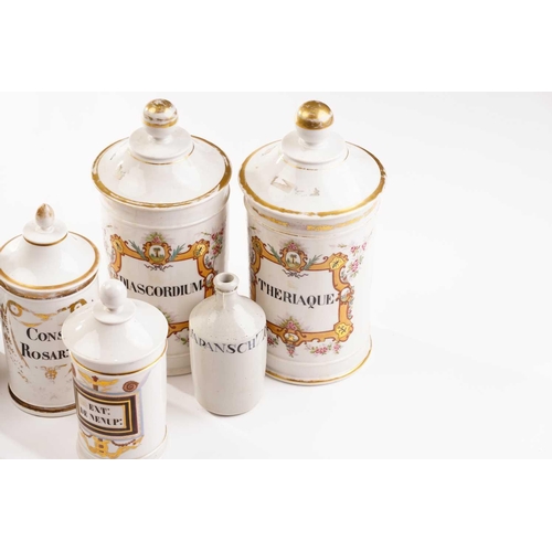 372 - A set of five 19th century French porcelain apothecary jars with gilt and painted panels, 25 cm high... 