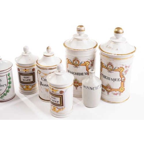 372 - A set of five 19th century French porcelain apothecary jars with gilt and painted panels, 25 cm high... 