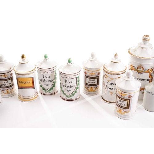 372 - A set of five 19th century French porcelain apothecary jars with gilt and painted panels, 25 cm high... 