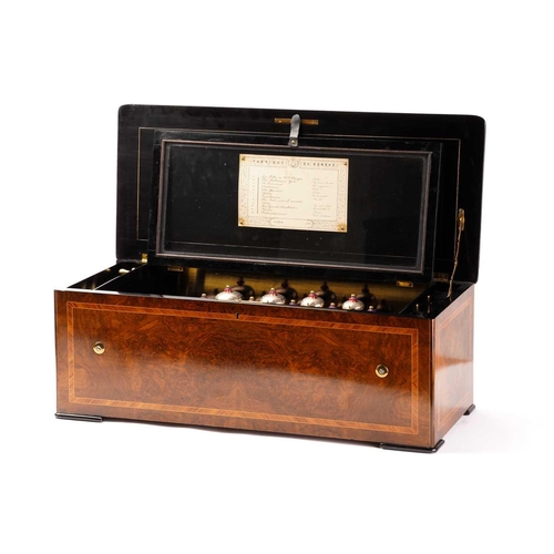 374 - A Swiss twelve-air music box, late 19th century, with tulipwood banded and ebonized figured walnut c... 