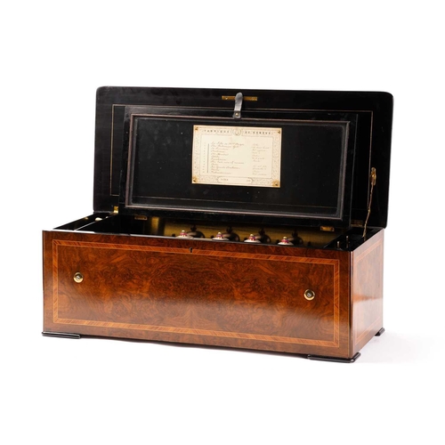 374 - A Swiss twelve-air music box, late 19th century, with tulipwood banded and ebonized figured walnut c... 