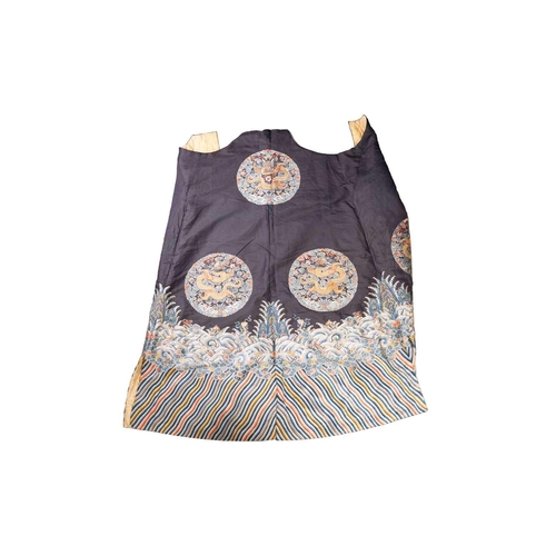 379 - A Chinese cobalt blue silk courtiers waistcoat(?) with six bullion embroidered Imperial dragon round... 